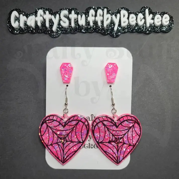 Spiderweb Dangle Heart and Coffin Stud Earring Set - Pink #2