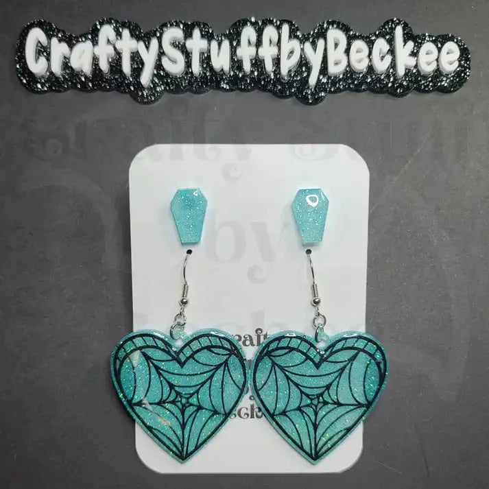 Spiderweb Dangle Heart and Coffin Stud Earring Set -