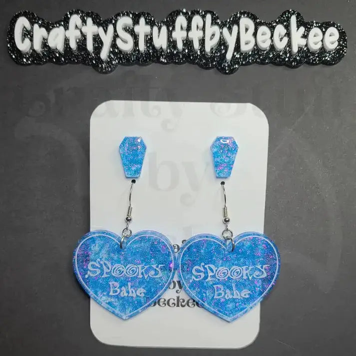 Spooky Babe Dangle Heart and Coffin Stud Earring Set - Blue