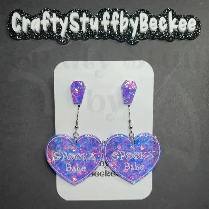 Spooky Babe Dangle Heart and Coffin Stud Earring Set -