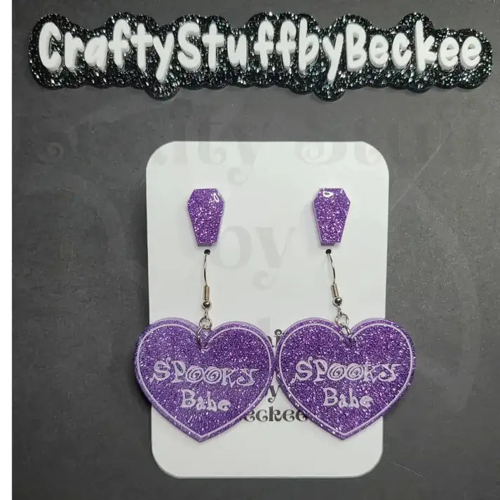 Spooky Babe Dangle Heart and Coffin Stud Earring Set -