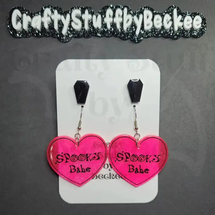 Spooky Babe Dangle Heart and Coffin Stud Earring Set - Pink