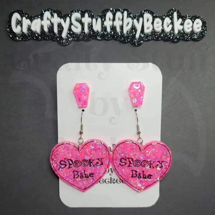 Spooky Babe Dangle Heart and Coffin Stud Earring Set - Pink