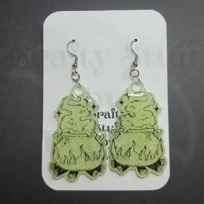 Witch’s Cauldron Dangle Earrings - Glow In The Dark Green -