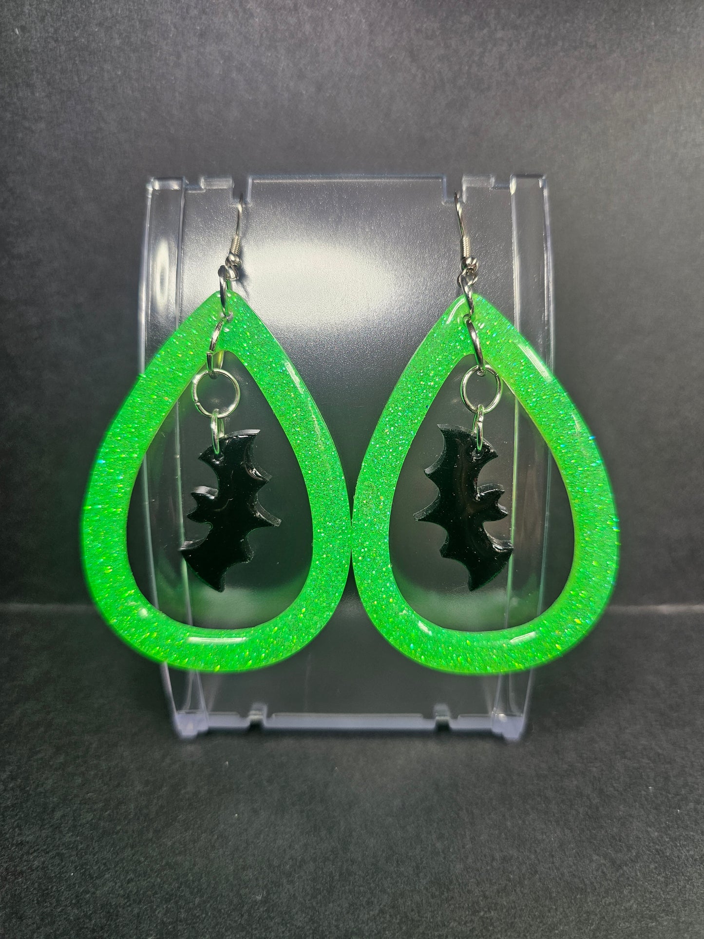 Hanging Bat in Teardrop Dangle Earrings