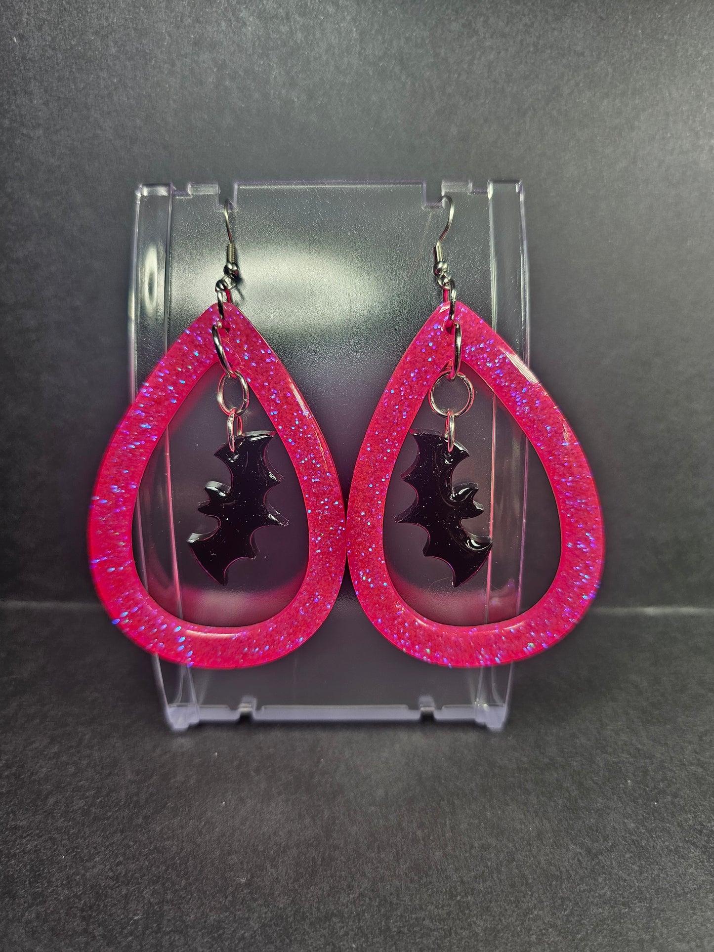 Hanging Bat in Teardrop Dangle Earrings