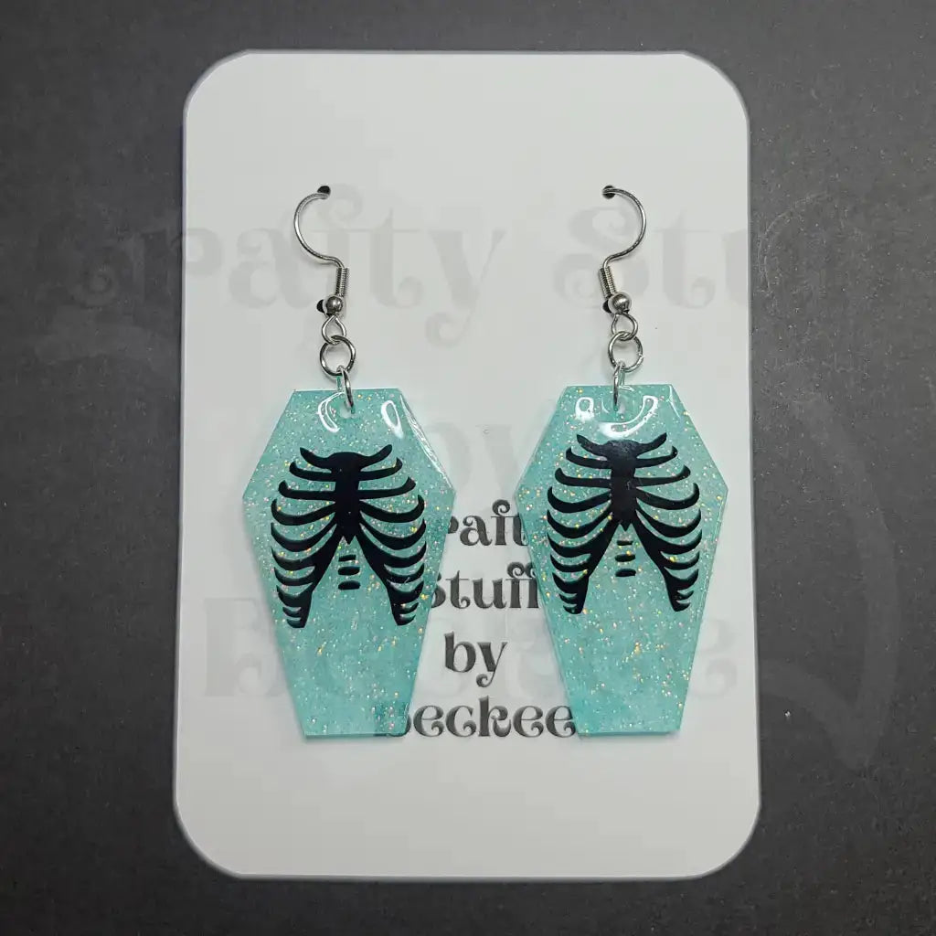 Coffin With Human Ribcage Dangle Earrings - Light Blue -