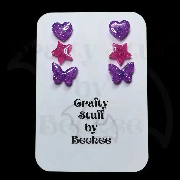 Heart Star and Butterfly Stud Earring Set of 3 - Purple/Pink