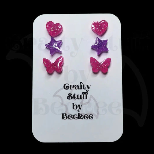 Heart Star and Butterfly Stud Earring Set of 3 - Earrings