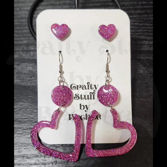 Holographic Pink Heart Dangle and Matching Stud Earring Set