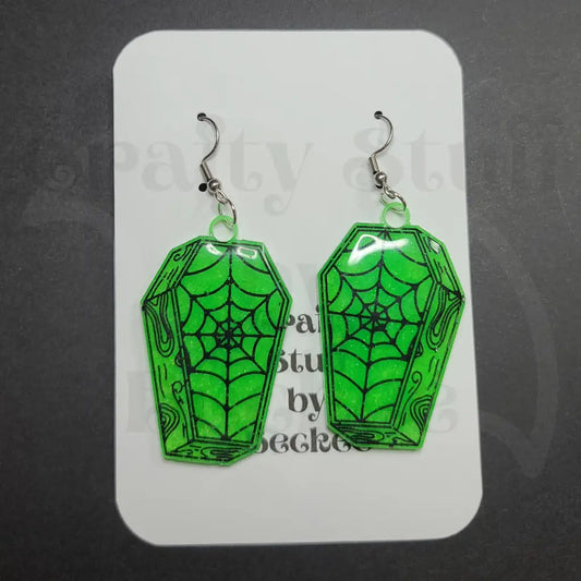 Spiderweb Coffin Dangle Earrings - Green - Earrings