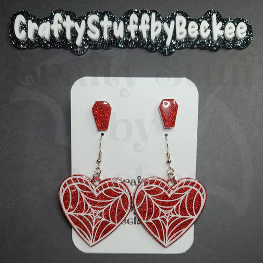 Spiderweb Dangle Heart and Coffin Stud Earring Set -