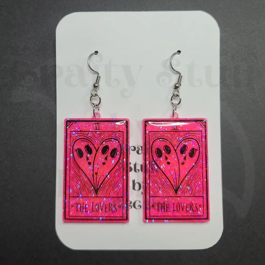 ’The Lovers’ Ghost Tarot Card Dangle Earrings - Dark Pink -